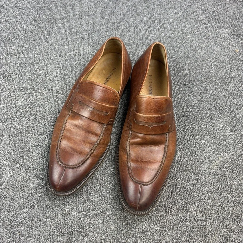 Magnanni Brown Leather Penny Loafers Mens 7 Spain Burnished Apron Toe Dress Shoe